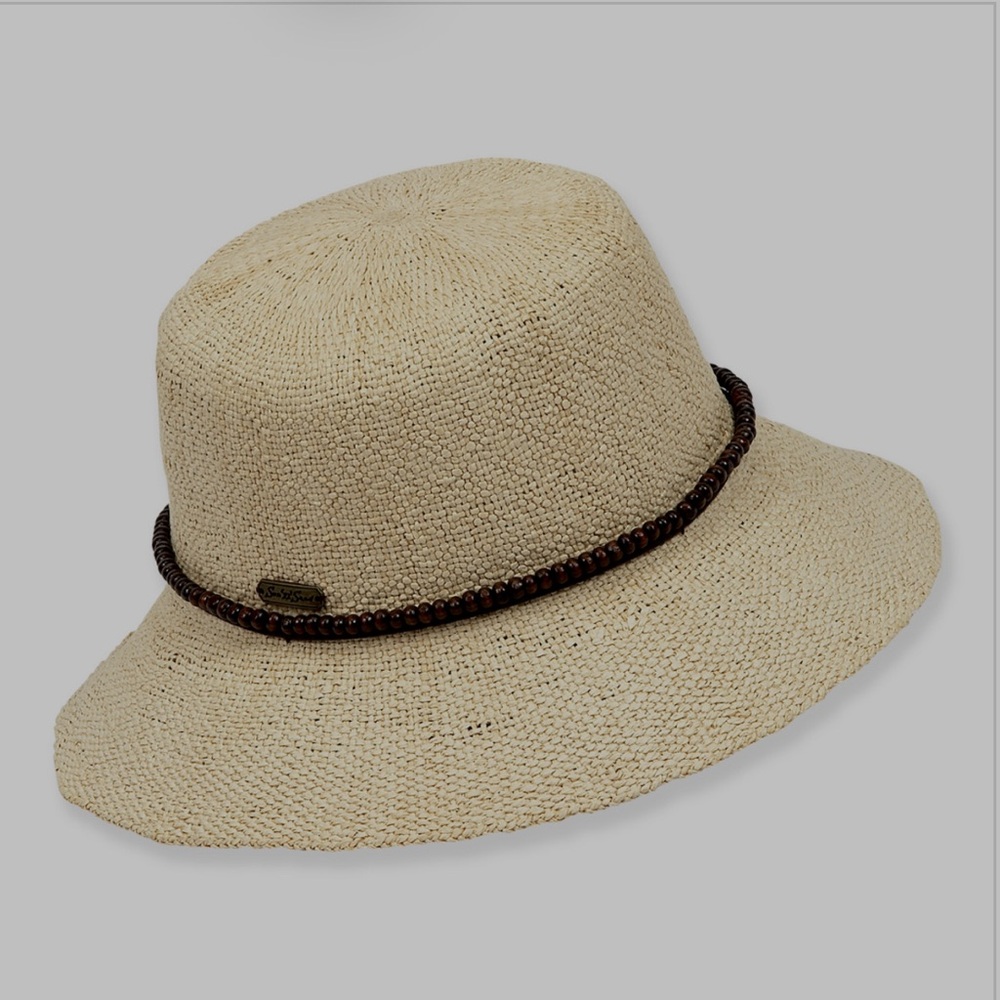Straw Textured Summer Sun Hat with Brown Beaded & Suede Faux Leather Band